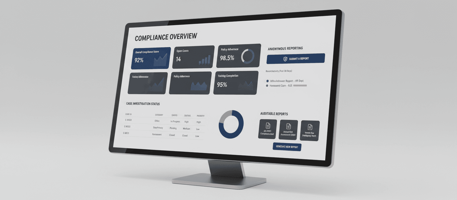 Painel de um dos sistemas desenhados pela QOWI, com visão geral de compliance e status das investigações